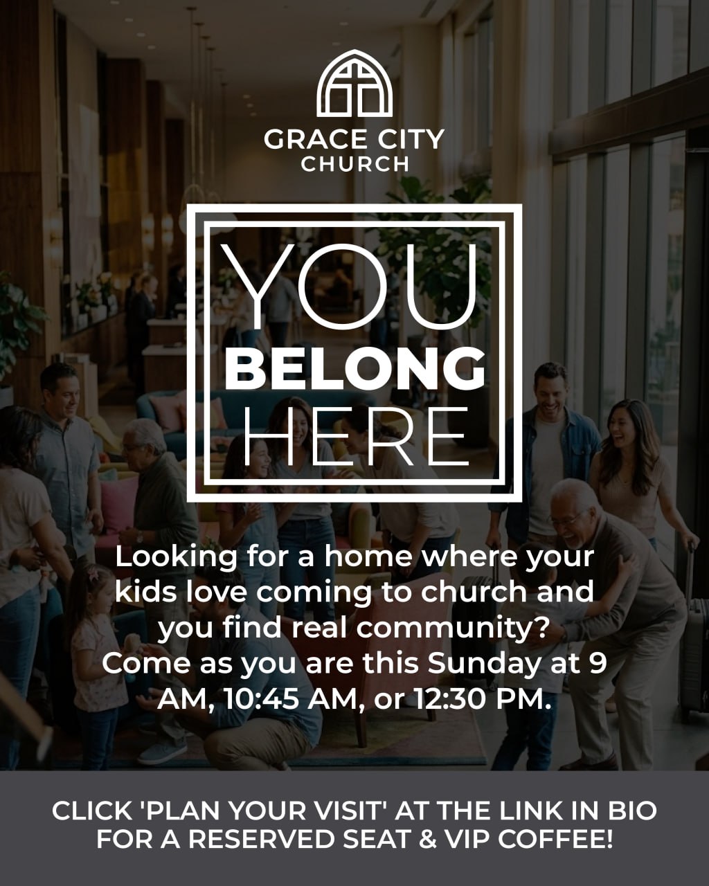 You Belong Here — families gathering in the Grace City lobby